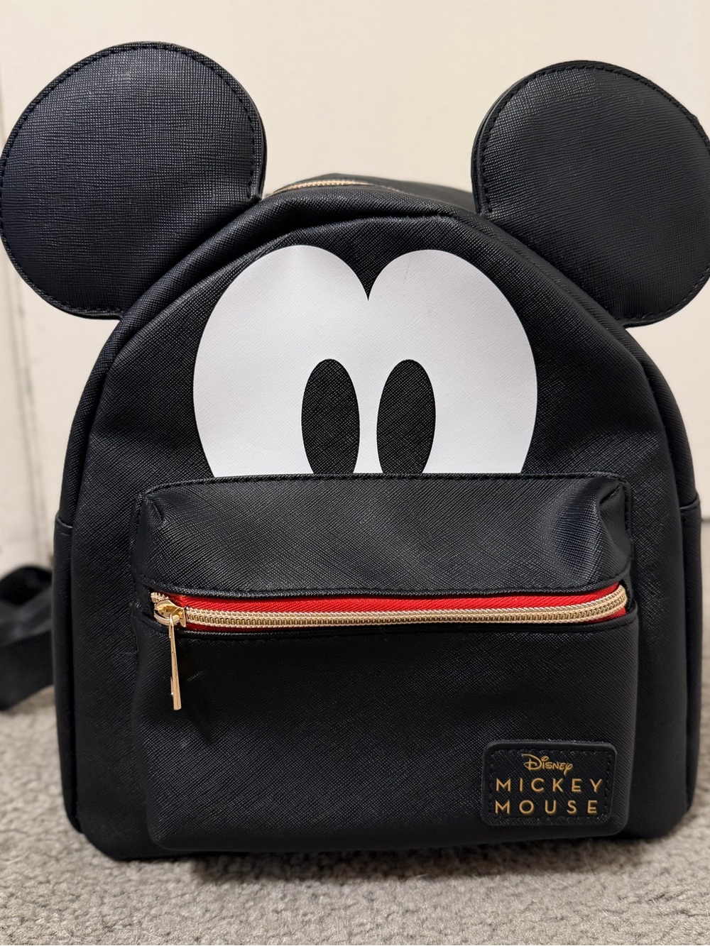 Disney Mickey Mouse Mini Backpack Black with White Eyes and Red and Gold Details